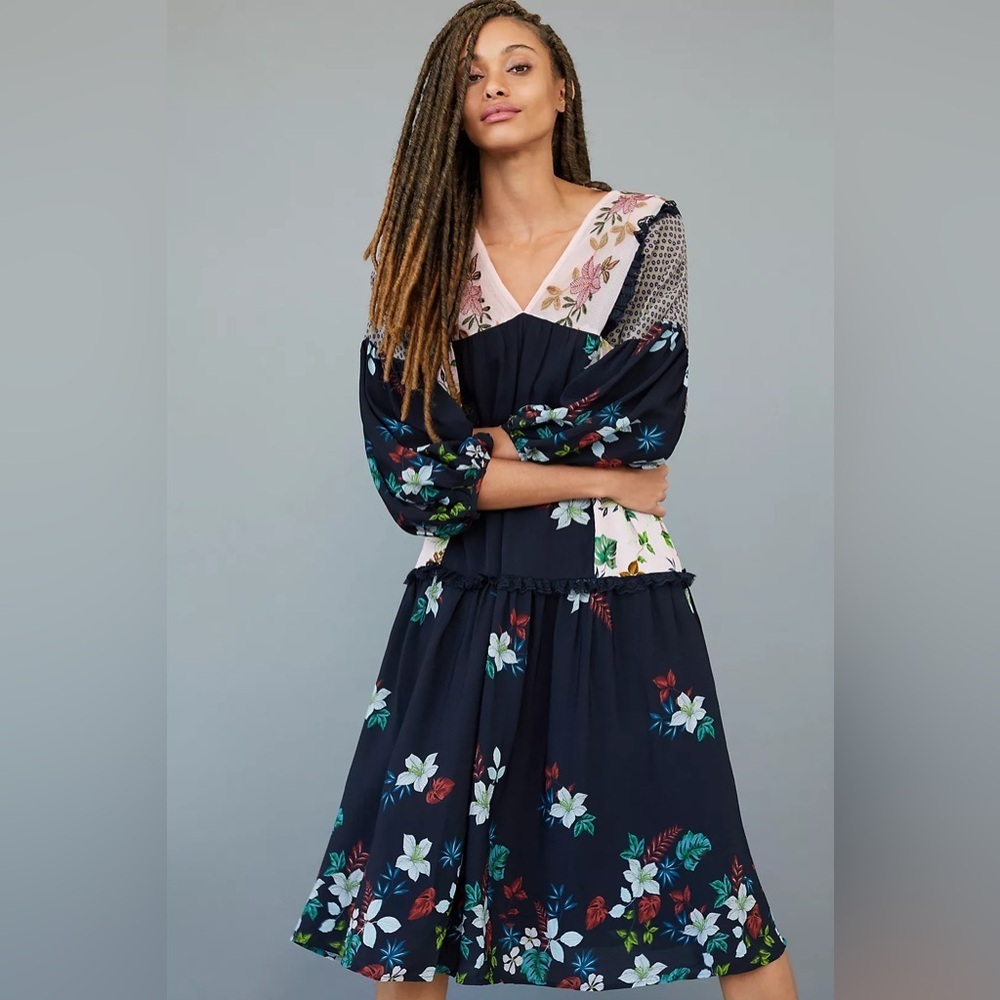 Anthropologie Let Me Be Debra Midi Dress Medium Petite Floral Embroidered V Neck